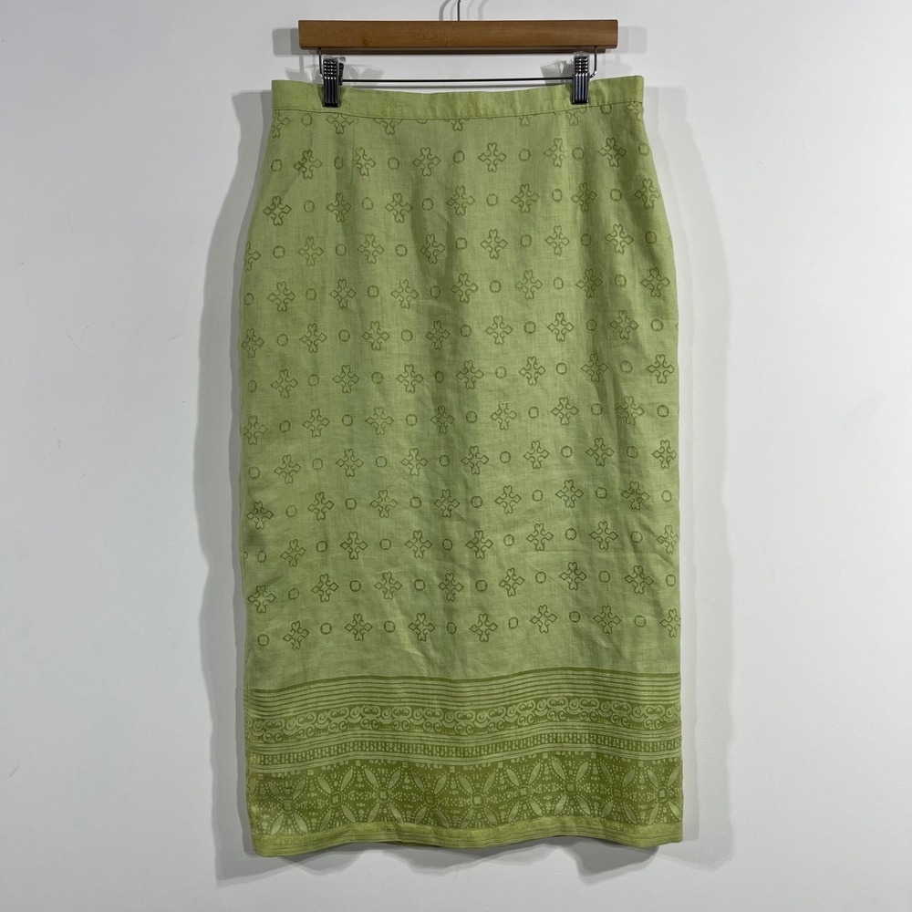 Naji Boho VTG Fairy Grunge Green Linen Midi Skirt Womens 2X Cottagecore Print